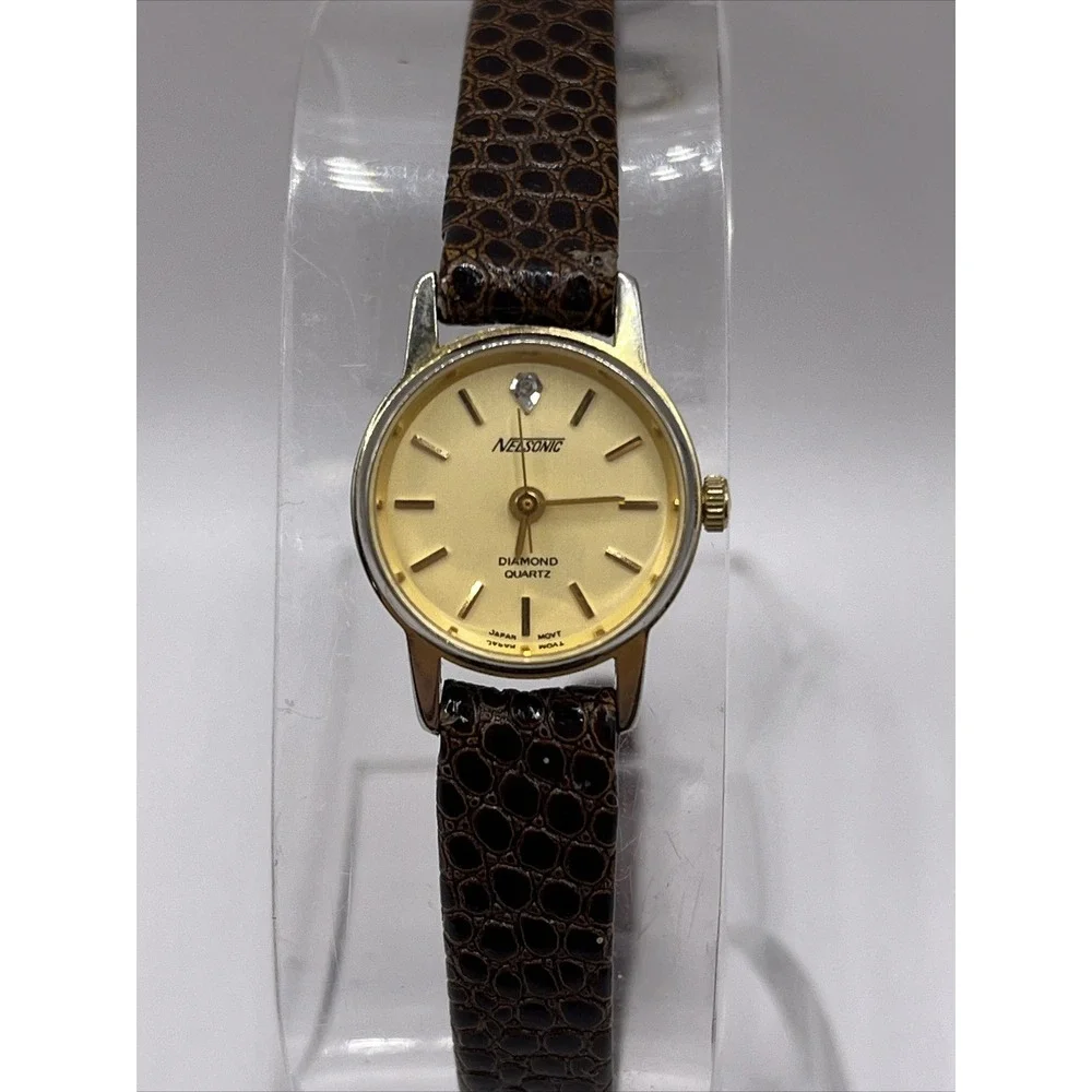 Vintage Nelsonic Women's Diamond‎ Quartz Watch Brown Leather Band- New Battery